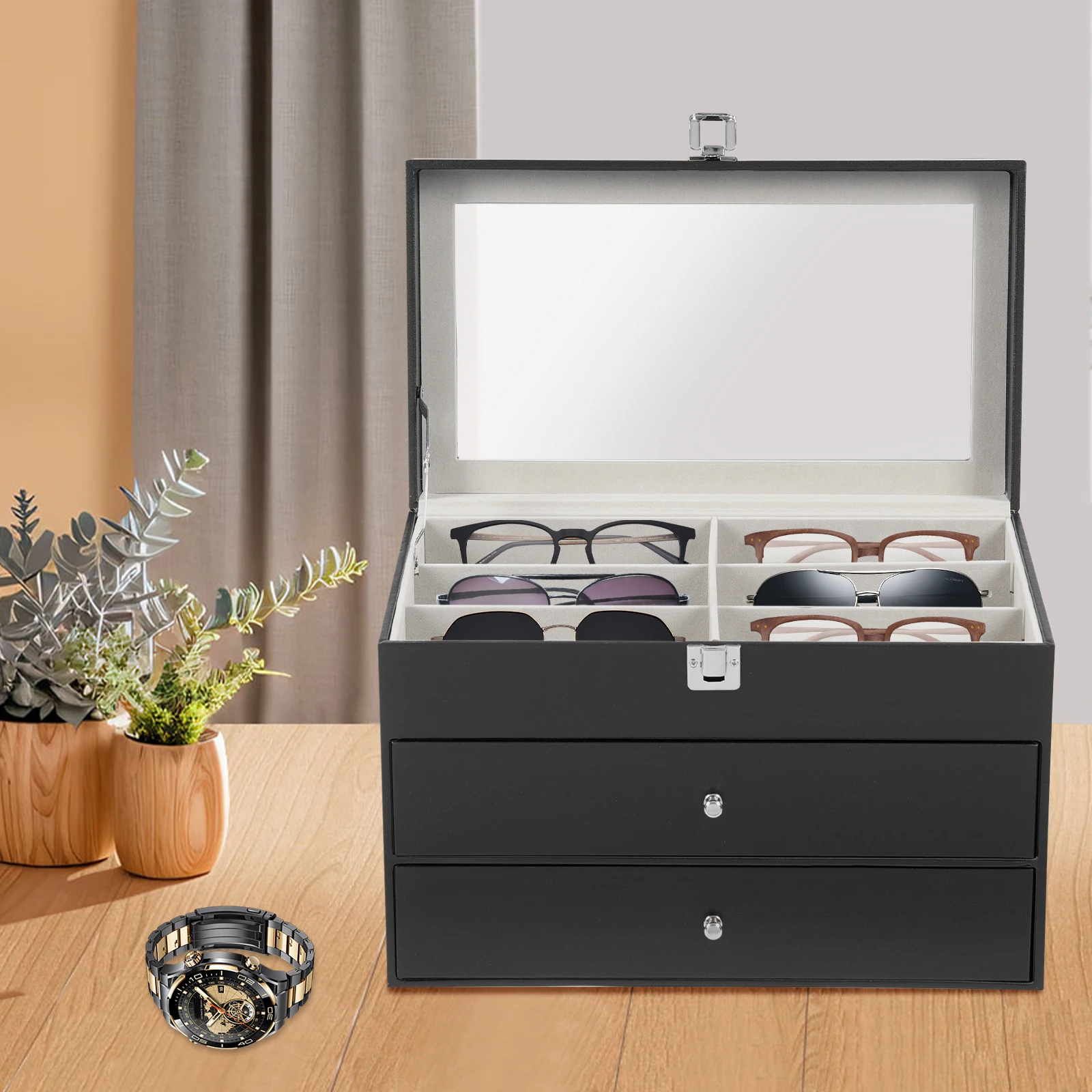 3-Layer Black PU Jewelry Box with 2 Drawers, 12 Watches + 12 Pairs of Glasses Box, Metal Snap Case Organizer