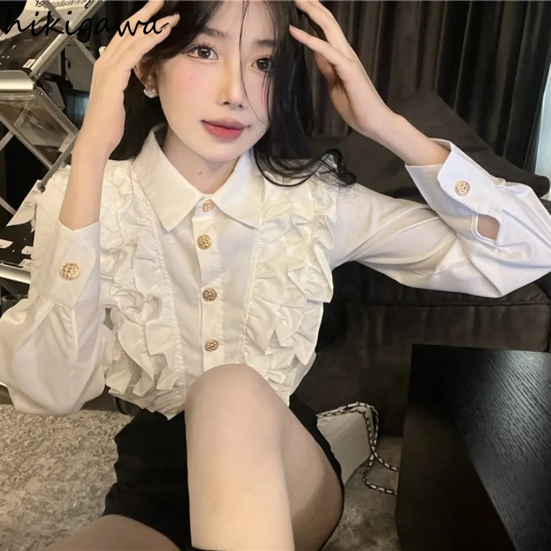 Long Sleeve White Blouse Women 2024 Blusas Mujer De Moda Single Breasted Ruffles Blouses Tops Vintage Korean Chic Summer Shirts