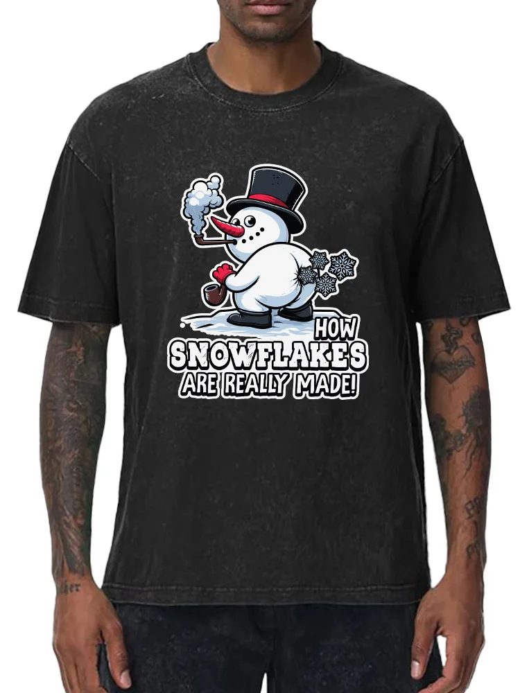 

Snowman Farts 230g Heavy Cotton Washed Oversized T-Shirt for Men Christmas Graphic Tee Retro Casual Top