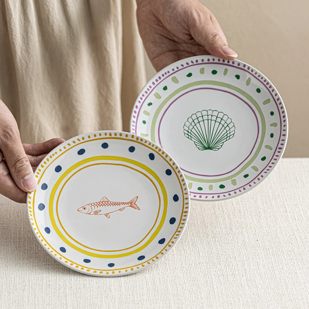 Contrast Color Ceramic Plate Korean Style Ins Creative Round Restaurant Household Tableware Fruit Cake Dessert Snacks Plates