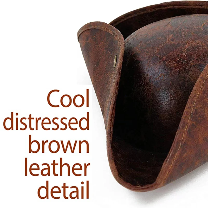 ハロウィンブラウンディストレストパイレーツトリコーンハット、マスカレードパーティー、男女兼用フェイクレザーパイレーツコスチュームアクセサリーハット、2025年新作