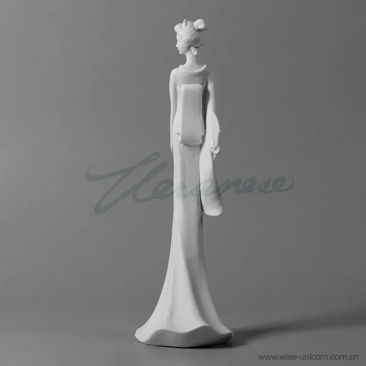 Vintage Ceramic Asian Geisha Sculpture Elegant Lady in Solid White Kimono with Fan Figurine Tabletop Ornament Home Decor Gift