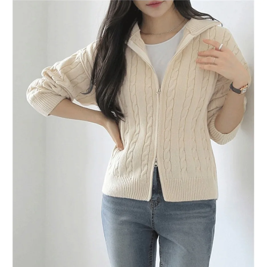 

Женский вязаный свитер, пальто с высоким воротником на молнии, двуглавый поворотный однотонный осенне-зимний новый японский топ Lazy Sle Top