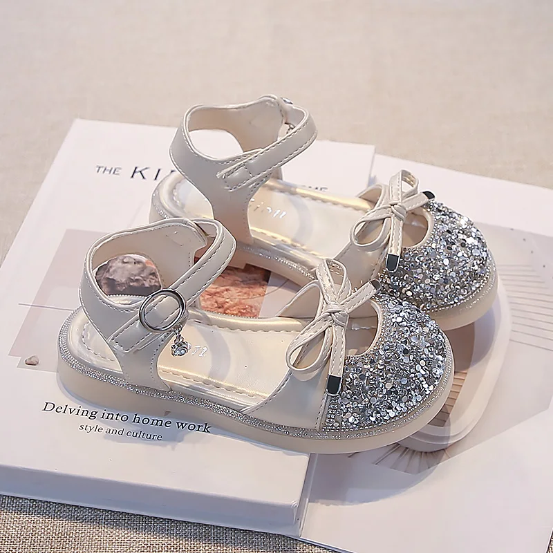 

Kids'Casual Shoes Sandals Bow Sequin PU Leather Summer Shoes For Hook and Loop Girls Soft Bottom Beige Silver Shoes Size 23