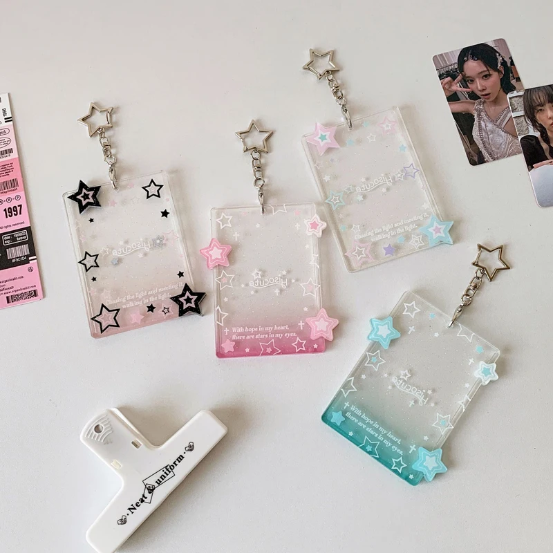 

11X7.6Cm Glitter Star Photocard Holder Acrylic Transparent Keychain Bag Pendant Student Kids Bus Card Credit Id Bank Card Holder