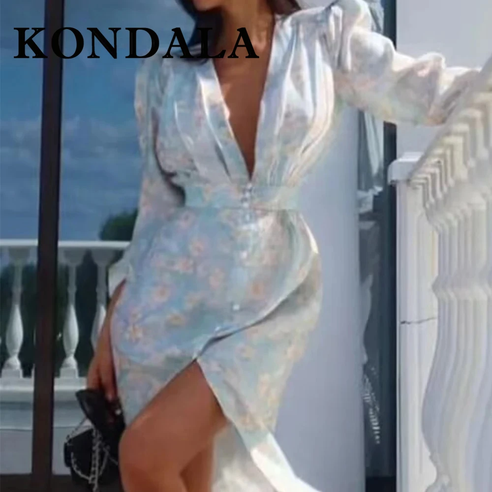 KONDALA Chic Flora Perline pieghettate Abiti da donna Elegante ospite di nozze Abito con scollo a V Party Fashion 2025 Manica a sbuffo Abiti femminili