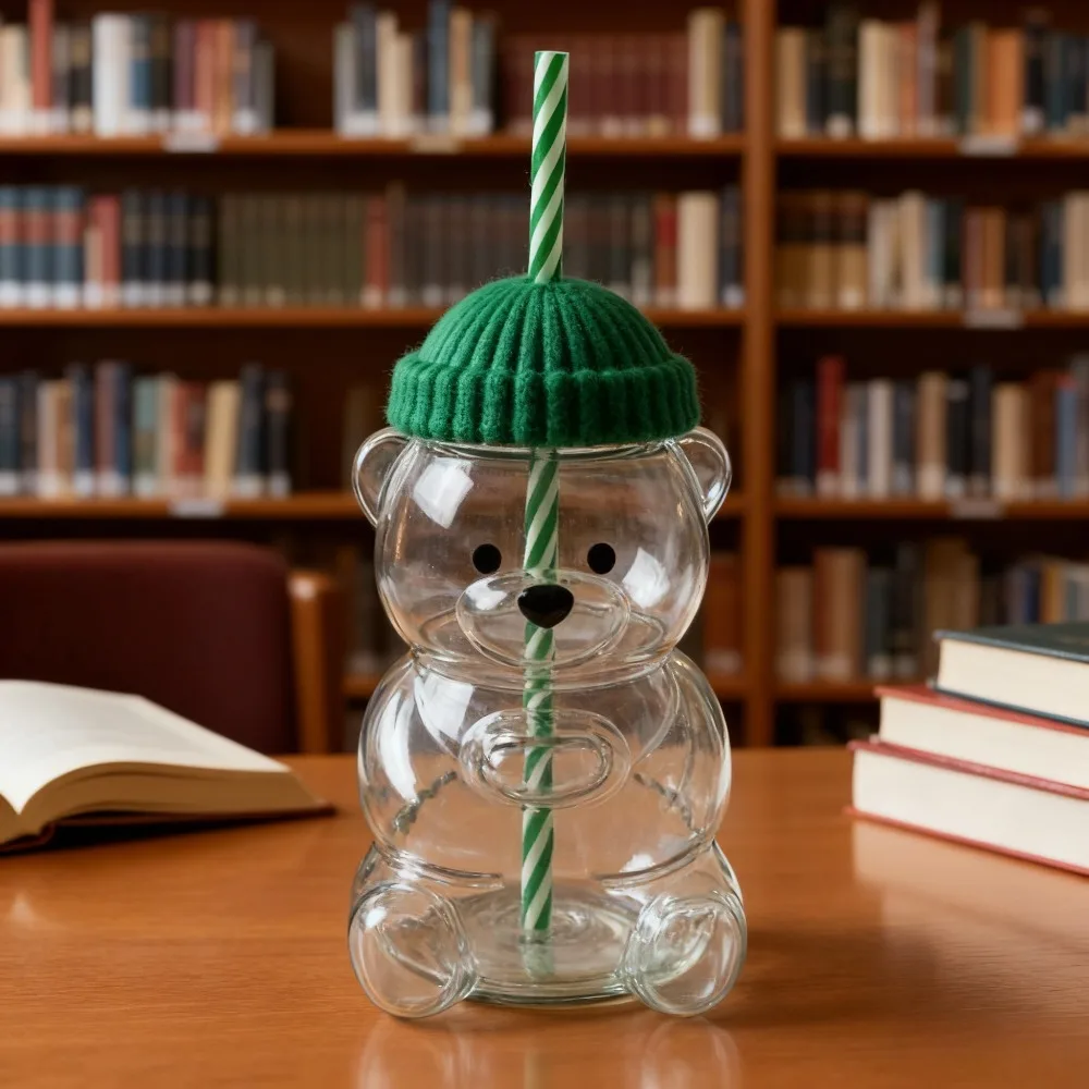 

2026 New cute 500ml bear glass cup: durable and practical for coffee, beer, wine and cocktails, adorable straw cup