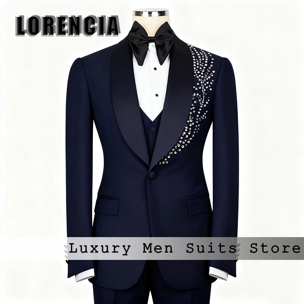 

Уникальные ювелирные изделия, мужские костюмы из трех предметов, двубортный смокинг для свадебной вечеринки, жениха, индивидуальный пиджак, брюки, жилет traje hombre Moderno