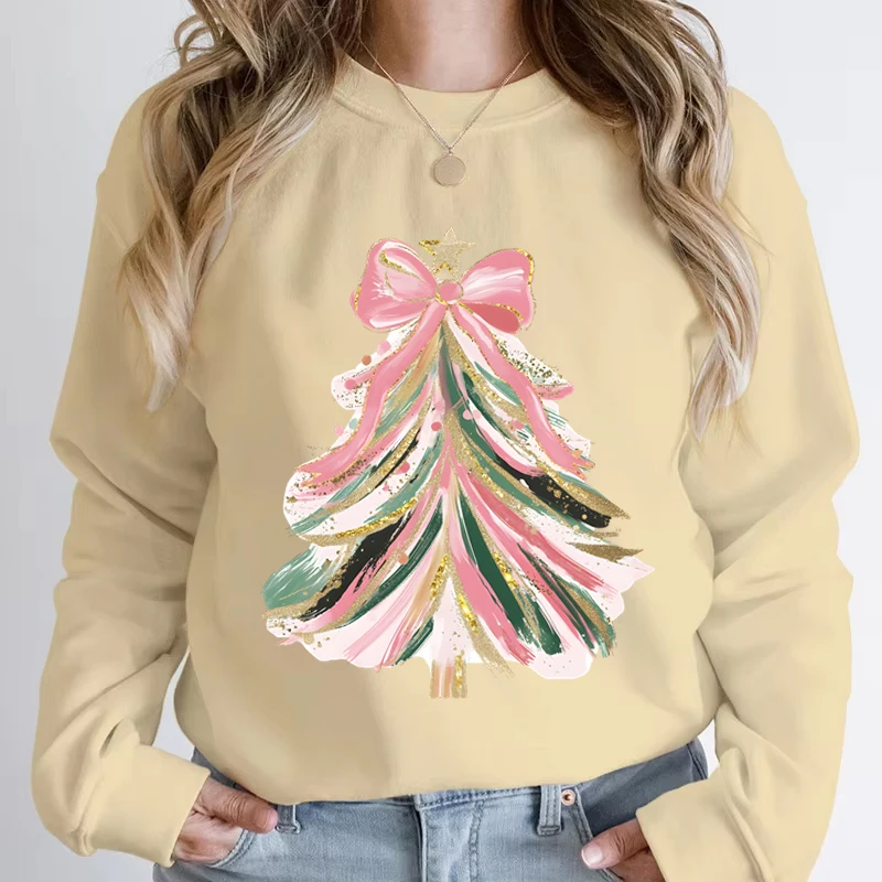 Women\'s Christmas Tree Printed Sweatshirt Vintage Aesthetics Round Neck Long Sleeve Sportswear Funny Xmas Tree Creative Hoodies