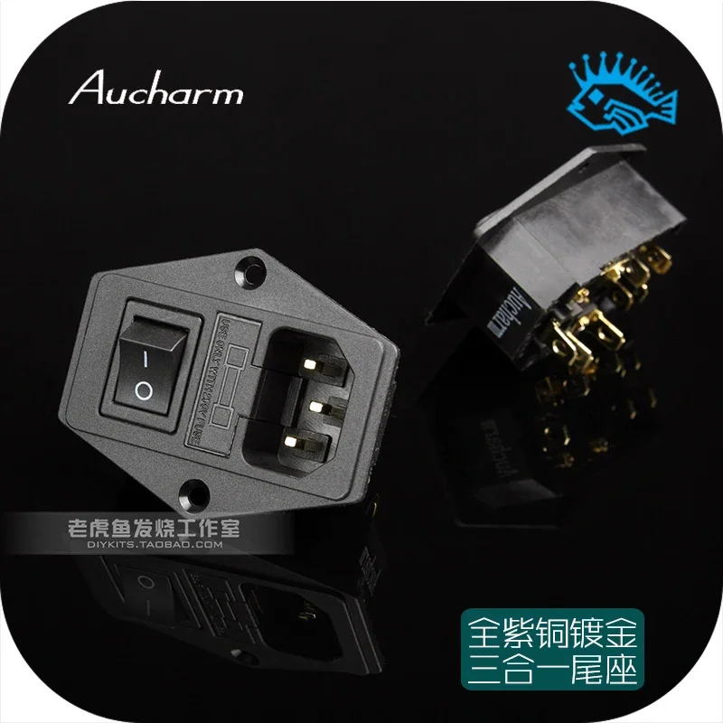 1pcs Aucharm full copper gold-plated three-in-one AC power socket with switch insurance tube socket For fever hifi amplifier