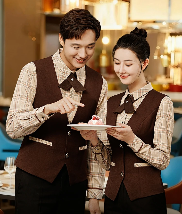 호텔 레스토랑 커피 바텐더 바 웨이터 유니폼 세트 앞치마 포함 긴 소매 음식 서비스 유니폼 바 작업복 셔츠