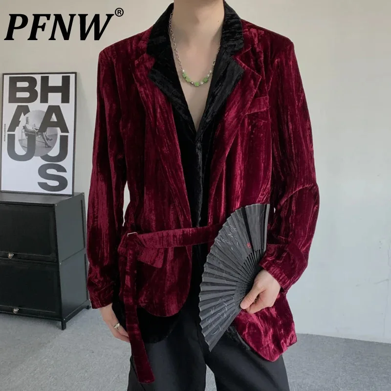 

PFNW Autumn Chinese Style Men's Blazers Belt Shoulder Pads Double-deck Design Niche Contrast Color Male Suit Jackets 2024 12C841