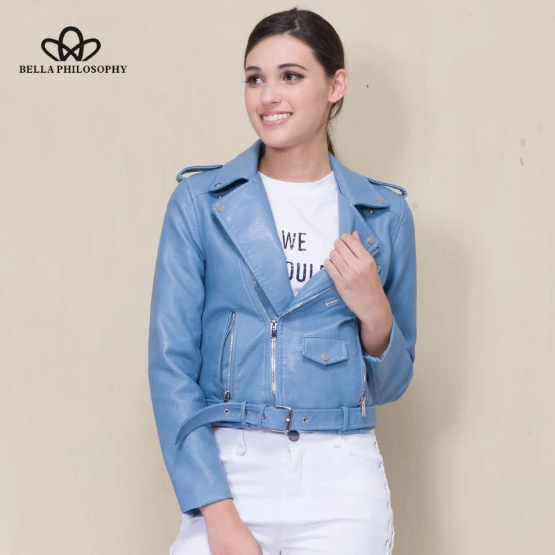 Bella Philosophy Women Autumn Winter Faux Leather Zipper Biker Jacket Female Casual Sashes PU Jacket Coat Ladies Coat