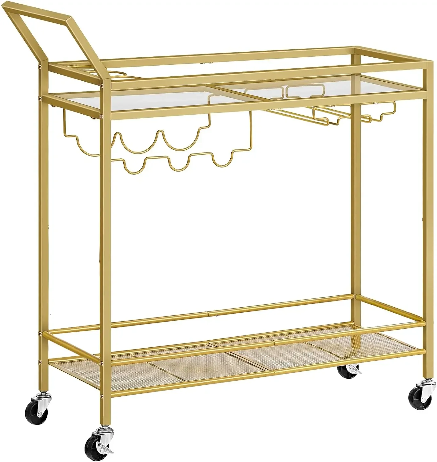 

Bar Cart for The Home, 2-Tier Kitchen Cart with Wine Rack and Glass Holder, Serving Cart with Wheels and Guard Rails