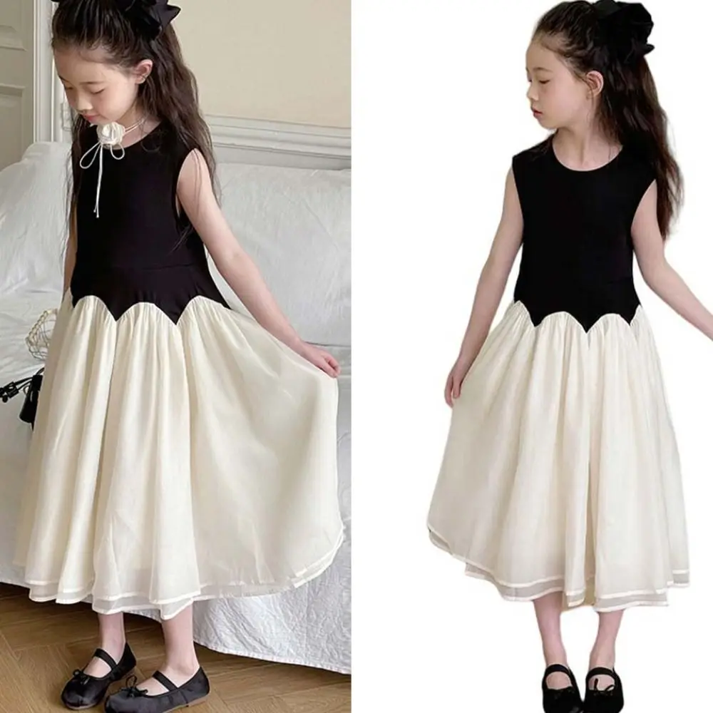 

Round Neck Children Princess Dress Black White Loose Kids Korean Long Dress Suspenders Sleeveless Girls Splicing Mesh Skirt