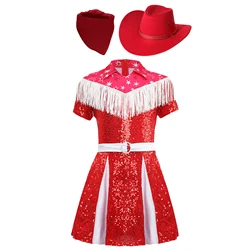 Girl 3Pcs Western Cowgirl Cosplay Costume Sequins Pleated Dress with Cowboy Hat+Bandanna for Christmas Halloween Dress Up Party