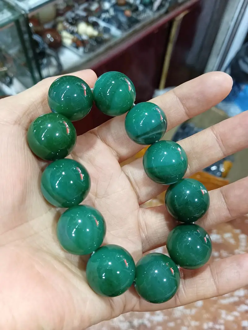 20mm Nature Green Agate Bangle Mala Bead Bracelet Rosary Amulet Chalcedony Festive Talisman