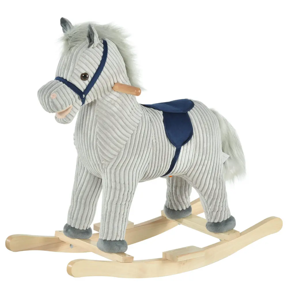 Kids Rocking Horse for Toddler 3-5, Plush Ride on Horse Wooden Rocker with Realistic Sounds, Gray