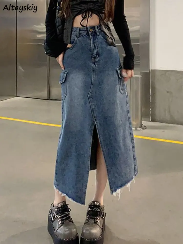 

Denim Midi Skirts Women Slit Vintage Loose Streetwear A-line Elegant Casual Spring All-match Fashion Chic High Waist Hotsweet