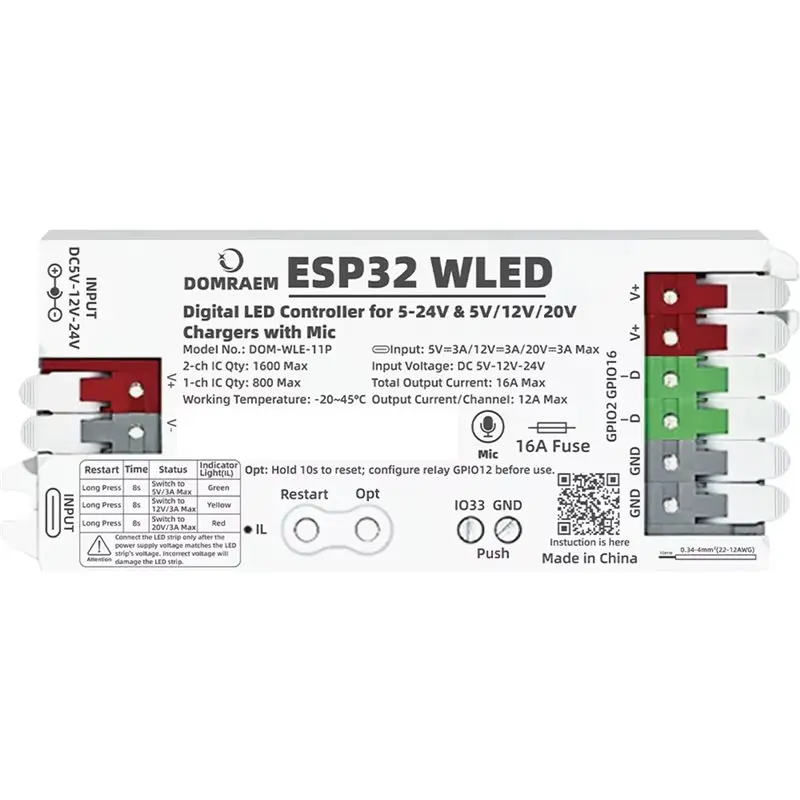 

Контроллер WLED, совместимый с WS2811, WS2812B, WS2805, SK6812, APA102, на базе ESP32, с микрофоном, двойным входом 5-24В DC и предохранителем 16А