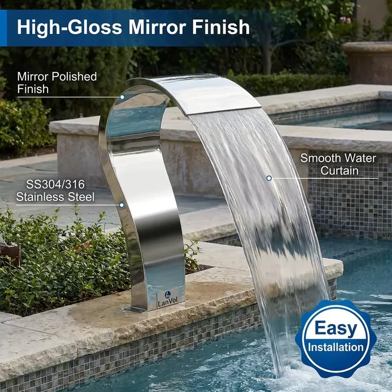 Stainless Steel Arc Hook Waterfall for Swimming Pool & Spa LED Shower Spillway Ornament Garden Outdoor Home Water Descent