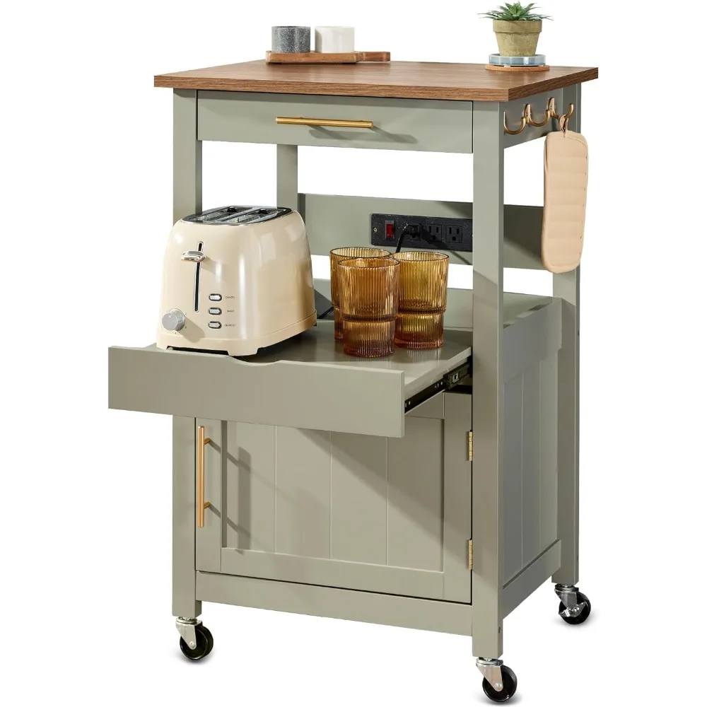 

Rolling Kitchen Island Cart, Single Door Cabinet w/Drawer, Sliding Tray, Hidden Outlet, Hooks, & Lockable Wheels