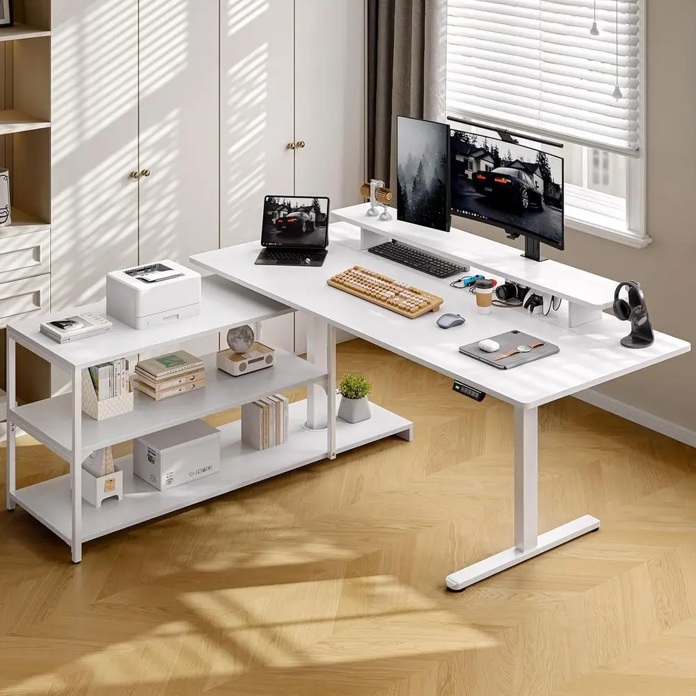

White 63x24'' L-Shaped Electric Desk with Storage Cabinet and Monitor Shelf, Adjustable 28-46'' for Home Office