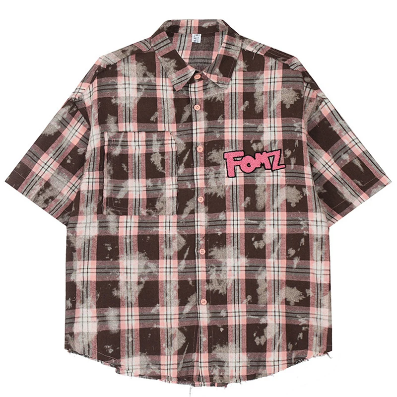 

Letter Embroidery Plaid Short Sleeve Shirts Mens Retro Casual Loose Single Breasted Lapel Half-Sleeve Cotton Shirt Men Clothing