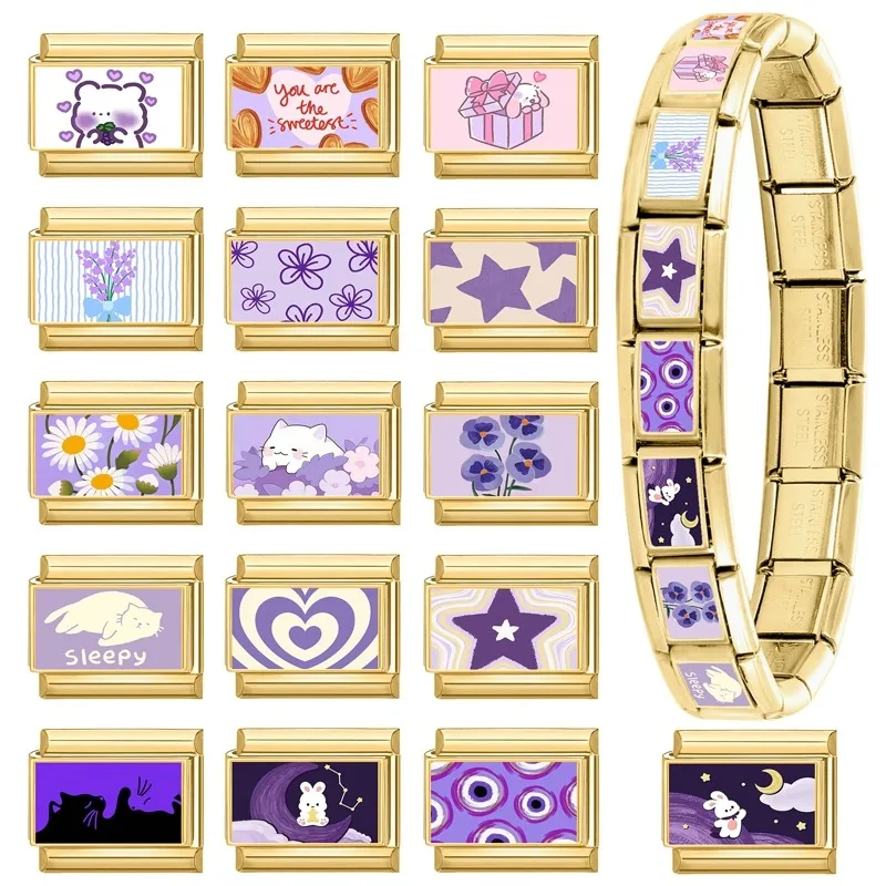 Fashion Purple Cute Rabbit Moon Stars Grape Cats Italian Charm Link Fit 9mm Bracelets Stainless Steel DIY Making Fashion Jewelry