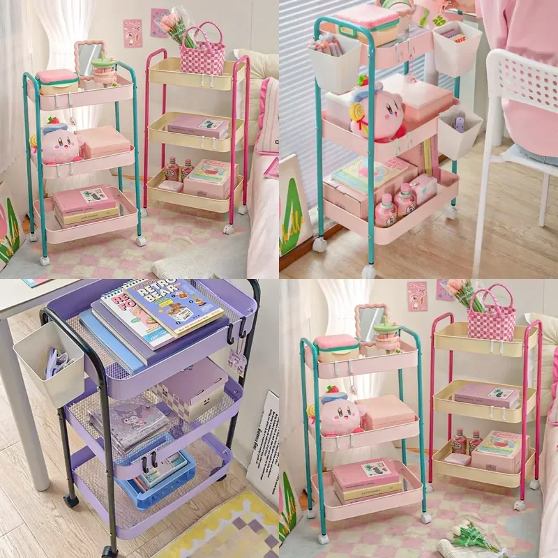 3 Layer Contrast Color Trolley Storage Shelf Multi-layer Movable Trolley Cosmetics Snack Storage Rack Bathroom Mobile Shelf