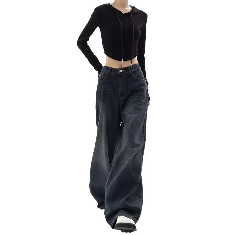 بنطلون جينز أزرق عتيق واسع الساق للنساء #5