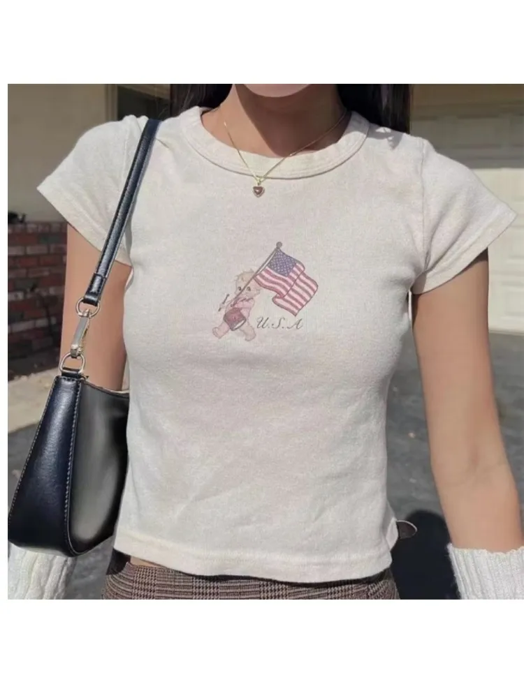 Casual Women Cotton Beige Slim Tees 2023 Summer Fashion Ladies Vintage O Neck Short Sleeves Female Angel Printed Tops