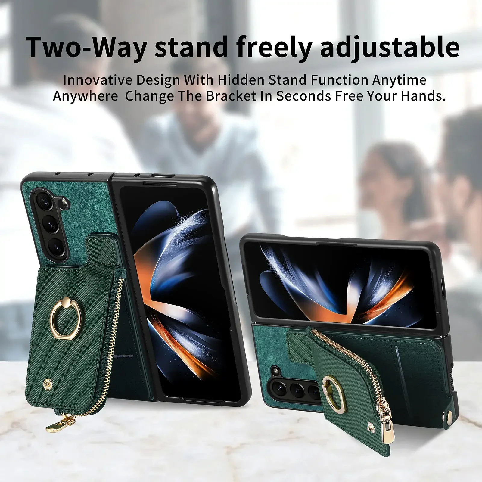 Phone Cases For Samsung Z Fold 6/5 Shell Zipper Card Holder Ring Bracket Leather business ZFOLD6 Drop-Resistant Protective Cover