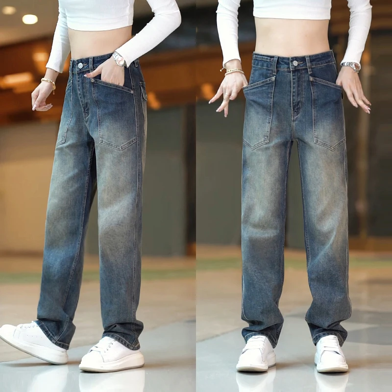 Retro Washed Loose Men's Jeans High Waist Straight Leg Trousers Fashionable Casual Cotton Denim Pants Multi Pocket Splicing