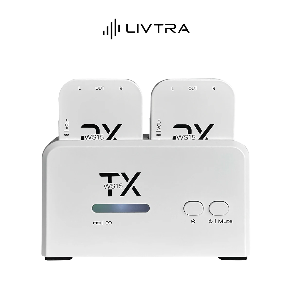 LIVTRA WS15 2.4GHz Wireless In-Ear Monitor System – 30m Range, 15ms Latency, 32h TX Battery, Charging Case, White