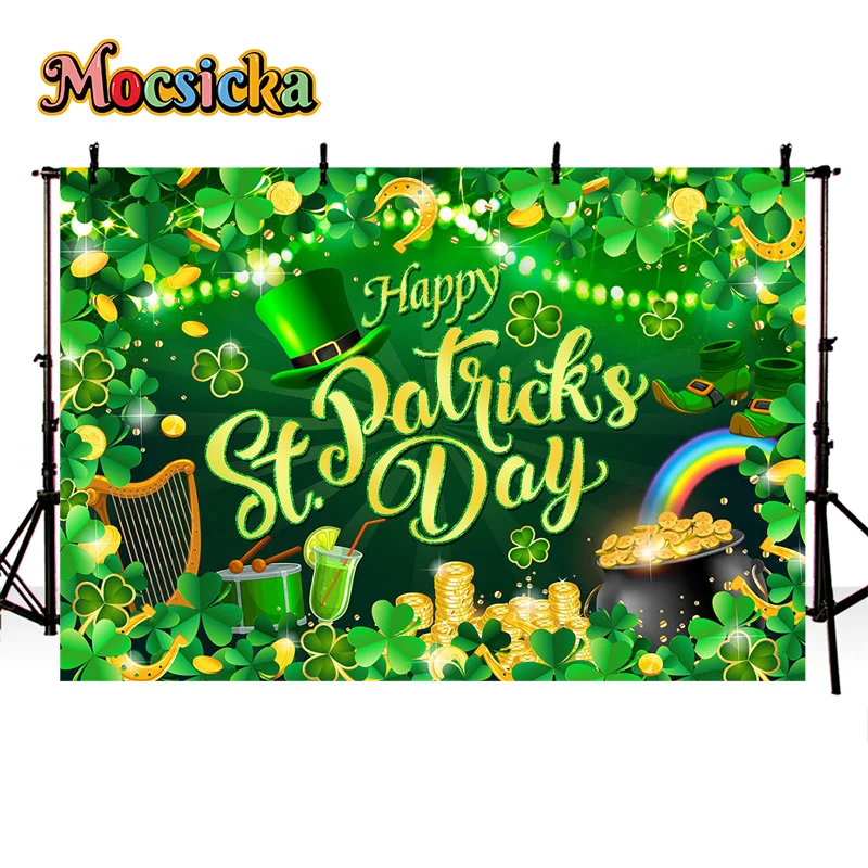 Mocsicka Photography Backgrounds st.Patrick's Day Party Greenery Shamrock Backdrop Backdrops Kids Portraits Banners Studio