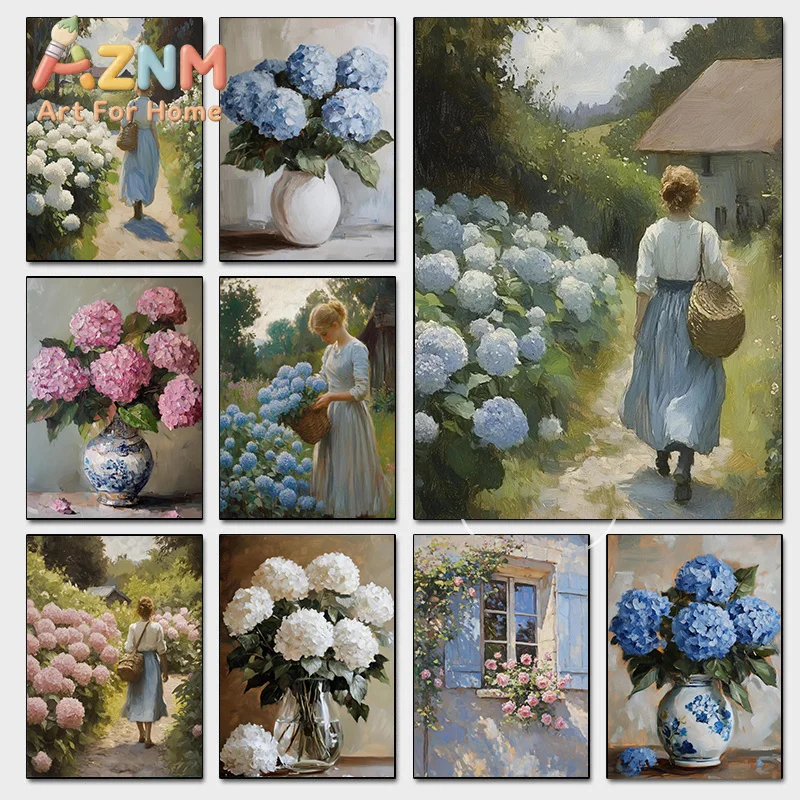 Romantic Vintage Floral Posters Hydrangea French Cottage Modern Prints Canvas Painting Wall Art Pictures Home Living Room Dec