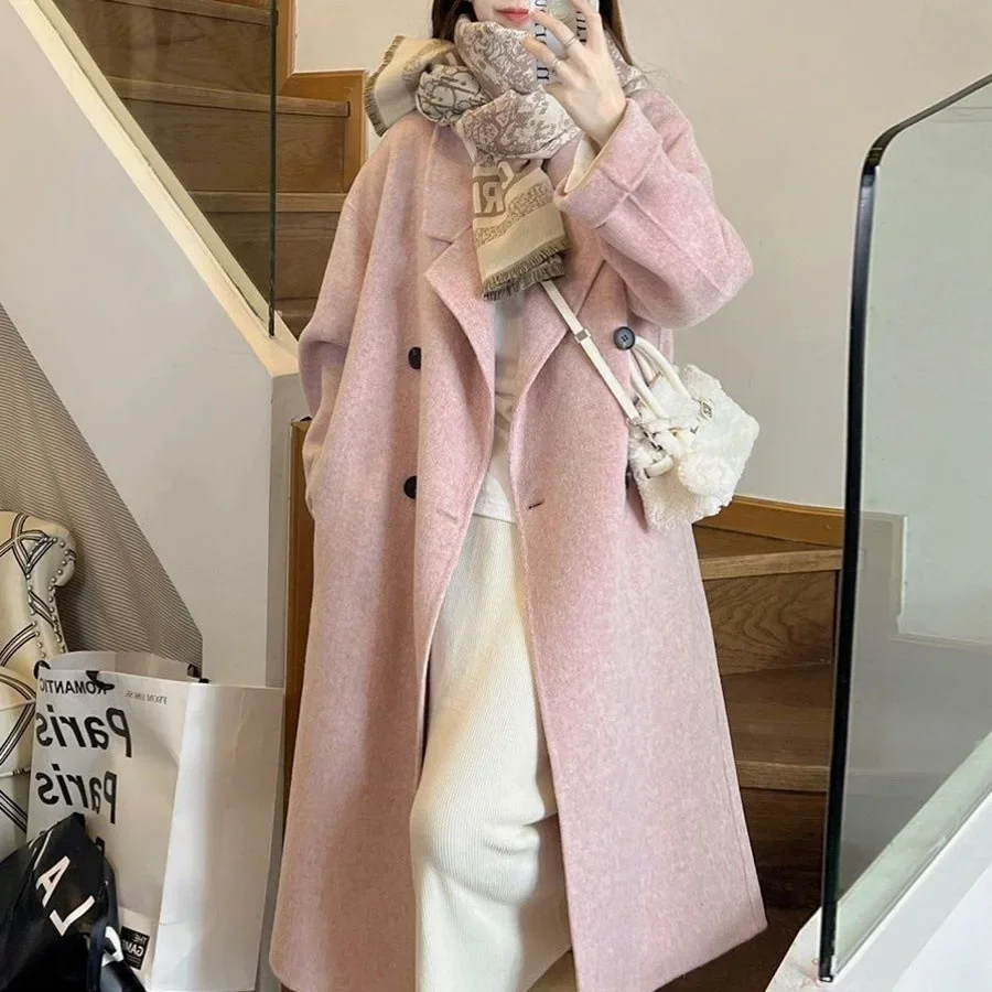 Oat colored woolen coat for women, mid to long style, 2024 autumn and winter new Korean over knee woolen coat