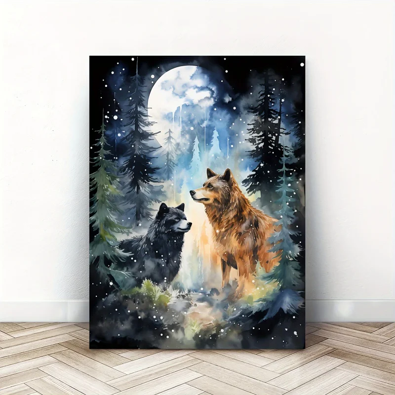 1pc Wolf Blue Moon Wooden Framed Canvas Painting - Sets Modern Nature Animal Photo Home Wall Art Decor with Gallery