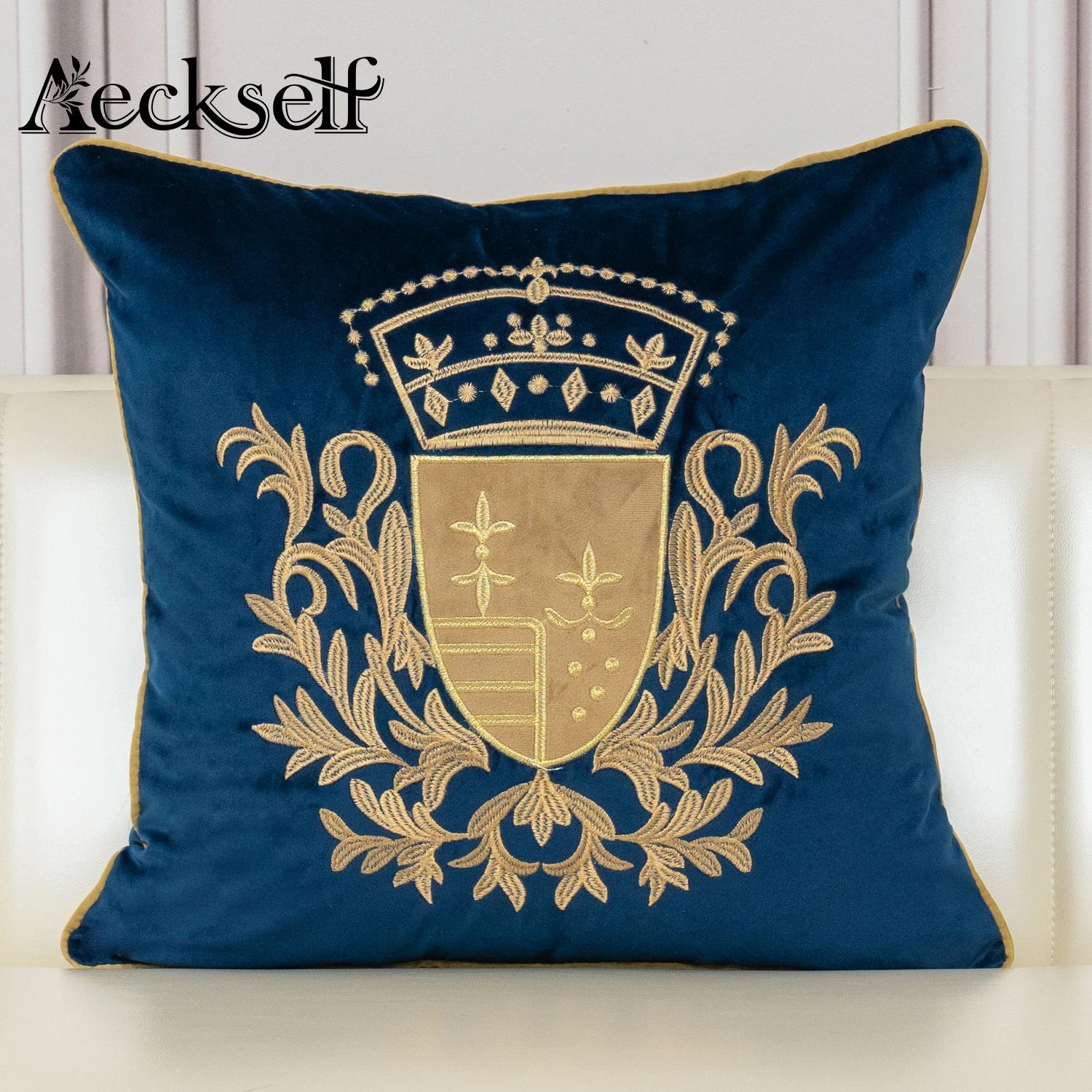 Aeckself Luxe Europese Borduren Fluwelen Kussenhoes Home Decor Marineblauw Goud Beige Sierkussen Case