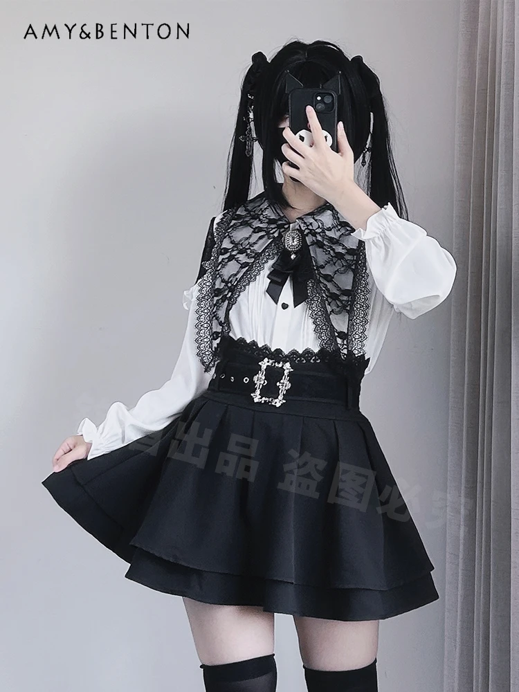 Japanese Mine Mass-produced Lace Pointed Neck Off Shoulder Long-sleeved Shirt Strap Skirt Subculture Skirt Sets Autumn Winter