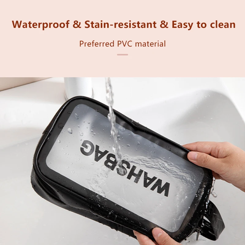 حقيبة تواليت سوداء PVC ذات سعة كبيرة للسفر محمولة شفافة غير لامعة مقاومة للماء حقيبة تخزين المرحاض حقيبة مستحضرات التجميل