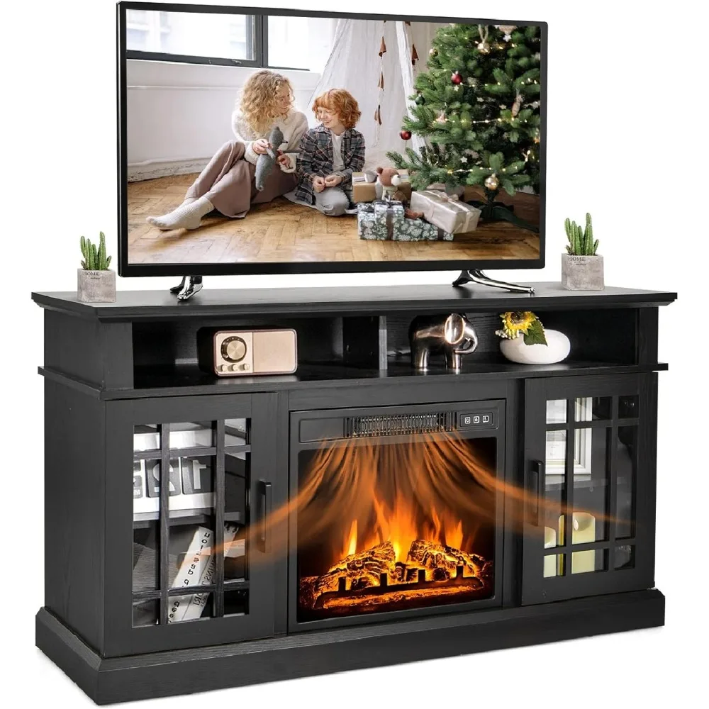 Modern 48 Inch Electric Fireplace TV Stand, TV Console for TVs with 18 Inch Fireplace up to 55 Inch with 2 Open Shelves