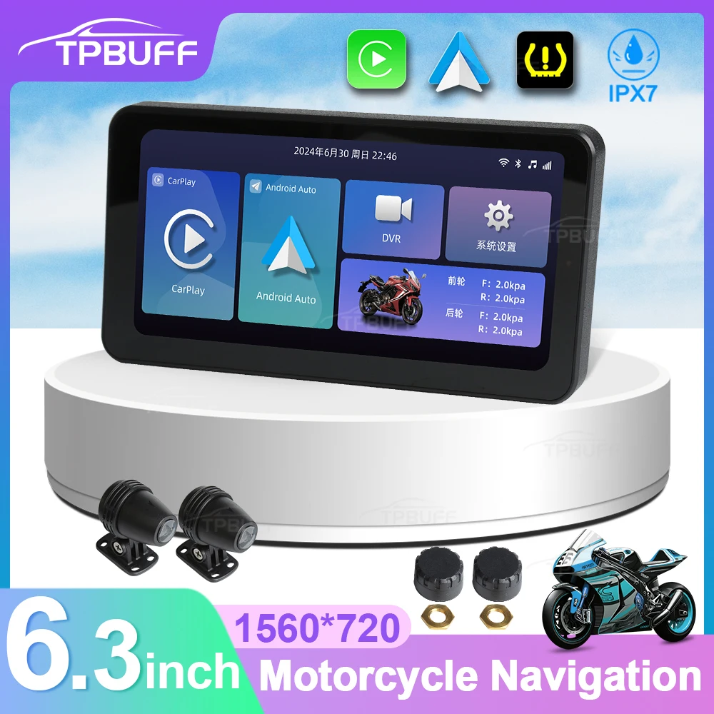 Moto tela de navegação para motocicletas, CarPlay sem fio, Android Auto Smart Player, IP67 impermeável, Monitor DVR, IPX7, 6.3 ", GPS