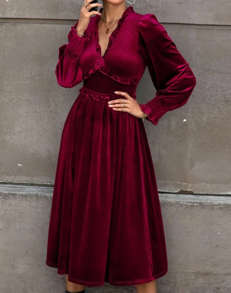 Outono/inverno vermelho veludo com decote em v vestido longo vintage vestidos de baile cintura alta elegante outgoning vestido de festa à noite