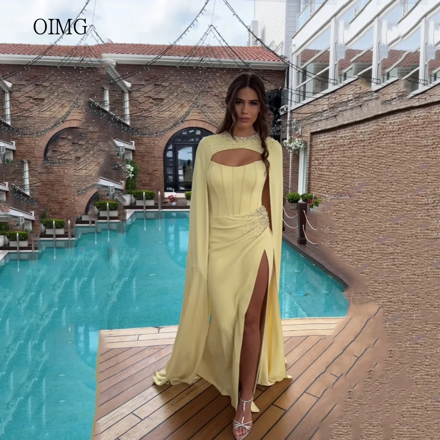 

OIMG Modern Yellow Mermaid Prom Gowns Bead Cap Sleeves Formal Party Gown Side Slit Evening Dress vestidos de fiesta Customized