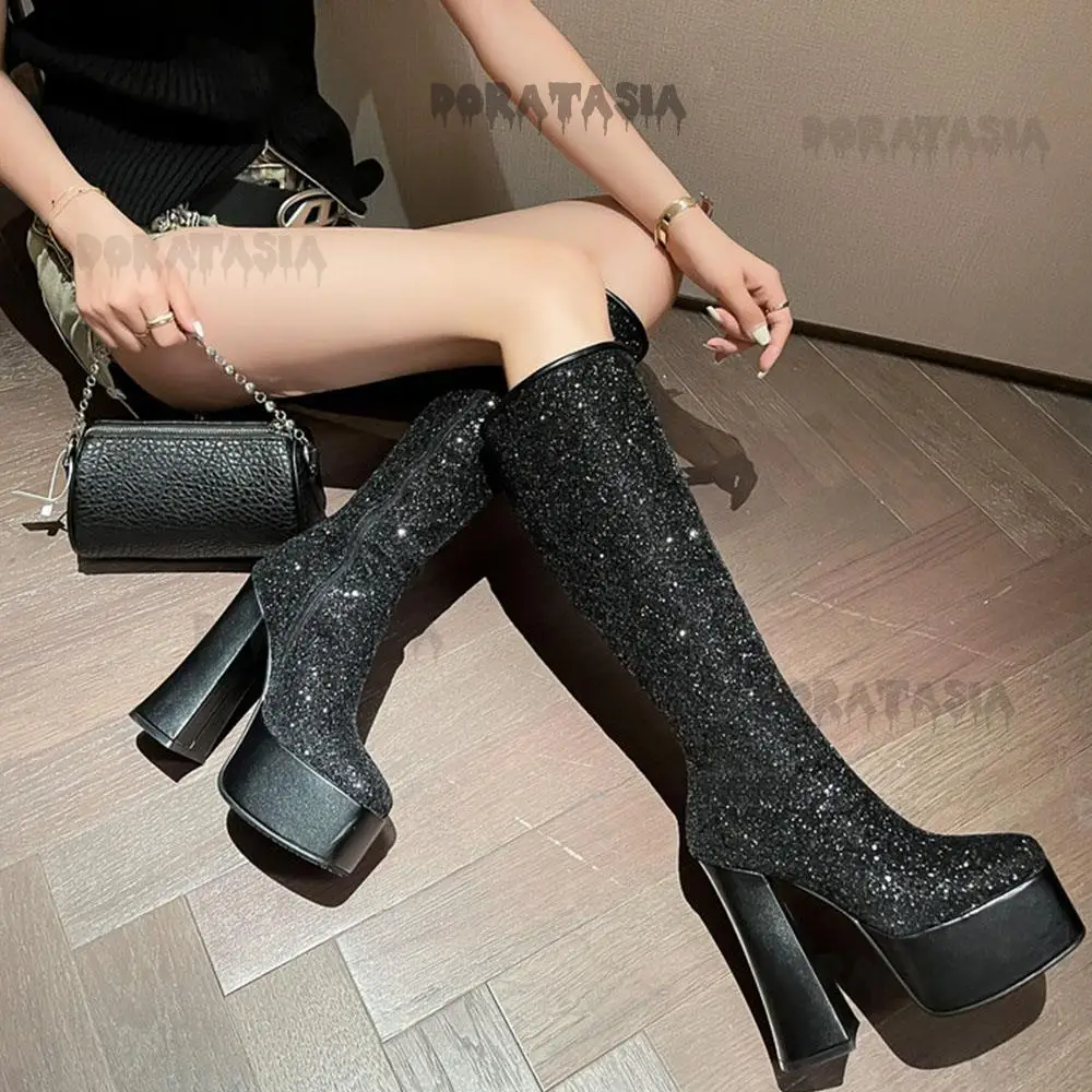 Fashion High Heeled Bling Women Boots Vintage Retro Party Mid Calf Modern Boots Platform Comfy Casual Zipper Lovely Winter Shoes