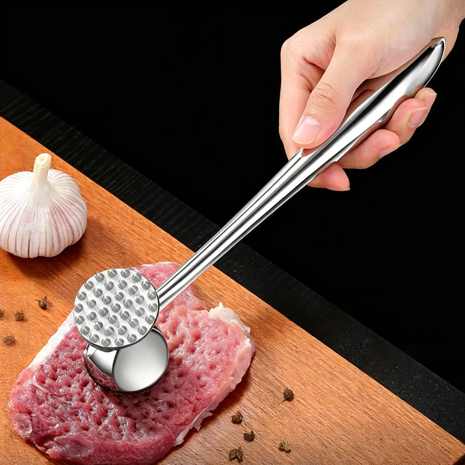 Stainless Steel Meat Tenderizer Hammer with 19 Large 37 Small Spikes for Breaking Down Fibers and Enhancing Marinade Absorption