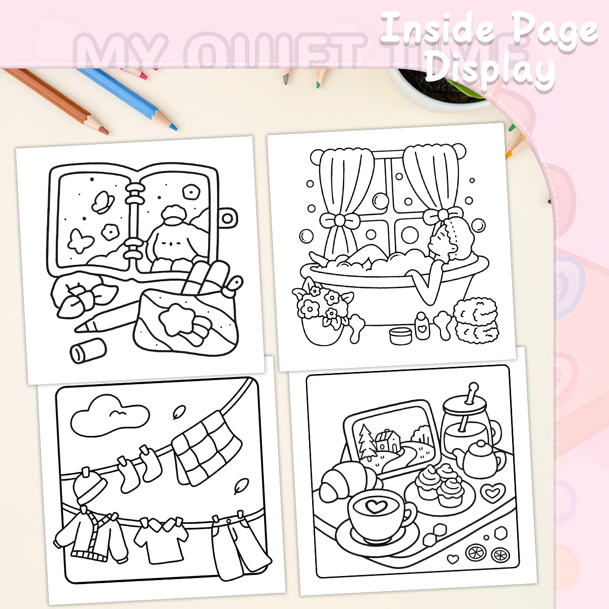 大人向けの静かな時間の塗り絵ブック、リラックスのための大胆で簡単なパターンが特徴、子供向けの教育用DIYペイント・ドローイングブック