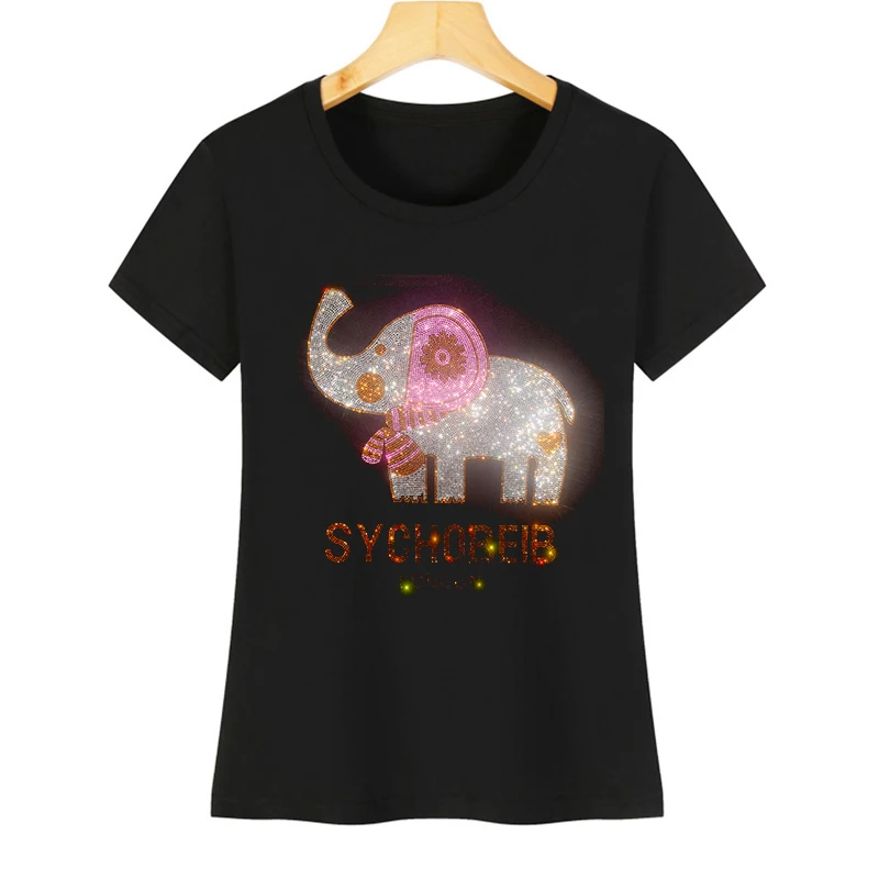 

Stylish sparkling rhinestone cute cartoon earth elephant designs women's summer short sleeve ice silk cotton casual T-shirt